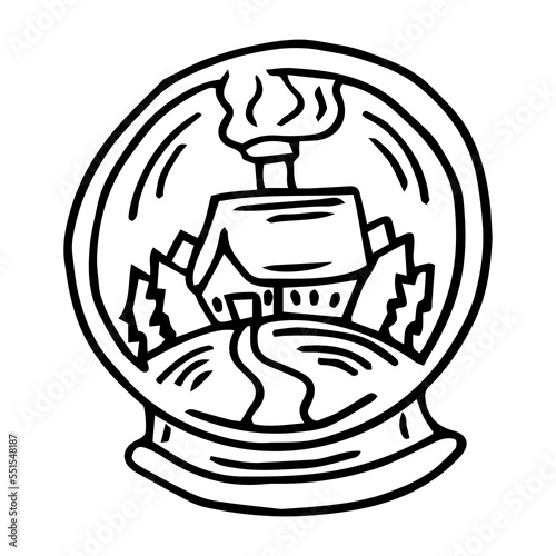 vector illustration of a house in a Christmas snow globe. Doodle illustration of a cute snow globe