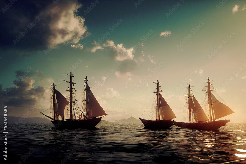 Sailing ships on the open ocean with waves