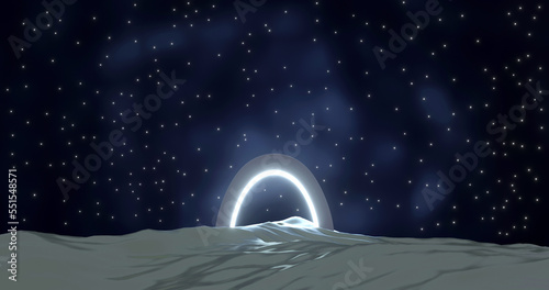 Gate leading to the stars installed on the moon, 3D rendering.