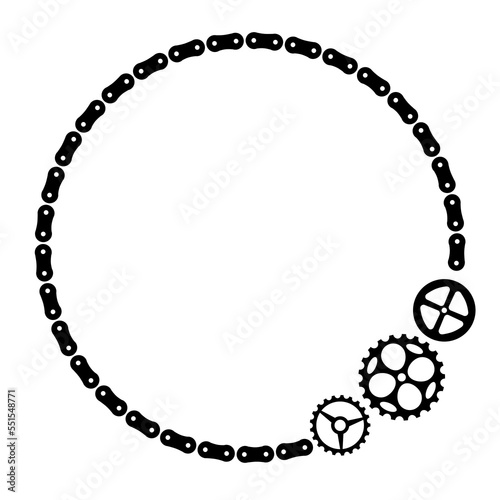 Border made of bicycle chain and tools and chain rings. Circle, ellipse frame. Vector illustration