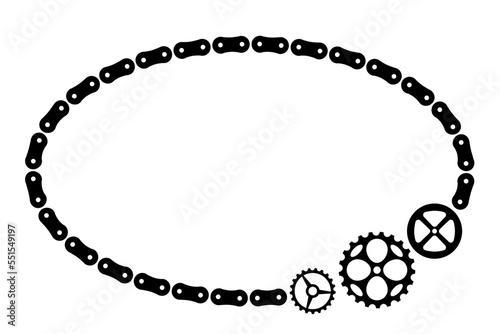 Ellipse border made of bicycle chain and tools and chain rings. Oval frame. Vector illustration