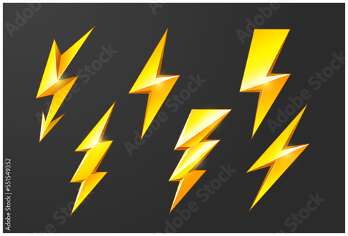 Lightning bolts set, thunderbolt and short circuit icons, electric discharge and lightning strike, vector