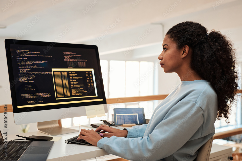 Young female software engineer verifying and deploying programs and systems Young female software engineer verifying and deploying programs and systems