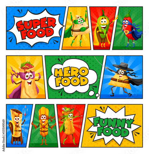 Retro comics cartoon mexican food superhero and defender characters. Vector super hero funny tex mex meal personages nachos, jalapeno, enchiladas or burrito with churros on half tone dotted background