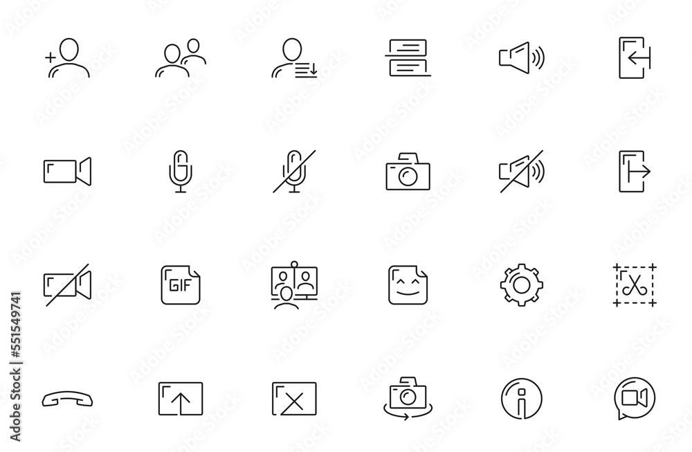 Videocall icons of conference video call interface menu, online chat UI vector line buttons. Videocall or user chat icons of microphone mute, incoming call and settings, file upload or send pictograms Videocall icons of conference video call interface menu, online chat UI vector line buttons. Videocall or user chat icons of microphone mute, incoming call and settings, file upload or send pictograms
