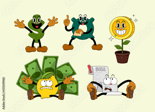 Set of comic characters in retro cartoon style. Cute comic gloved hands characters in cartoon 1930s style. Collection of comic characters on a business theme in retro cartoon style