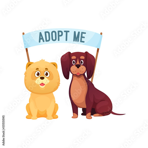 Adopt dog, pet animals adoption sign, homeless dogs and puppy rescue shelter vector emblem. Adopt dog icon with funny cartoon smiling dogs and banner flag