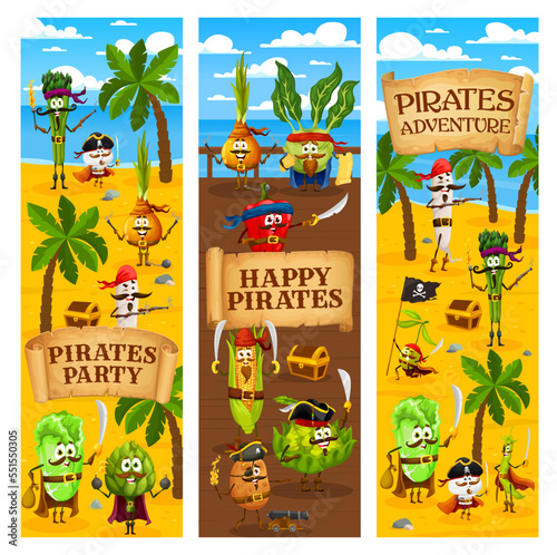 Cartoon vegetable pirates and corsair characters, vector Caribbean party banners. Pirate island treasure adventure or birthday costume party flyer, artichoke pirate, cabbage corsair and bean sailor