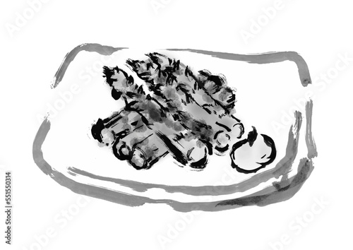 焼きアスパラの手描き和風イラスト素材　白黒,モノクロ,単色