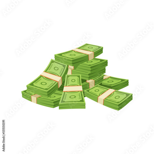 Cartoon paper banknotes, money cash isolated vector currency pile. Stack of green notes, design element for bank exchange service, casino jackpot, lottery win, savings, success, tresure and abundance