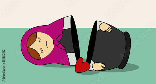 Opened matryoshka lying on the side with heart falling out. Vector illustration of nested doll.