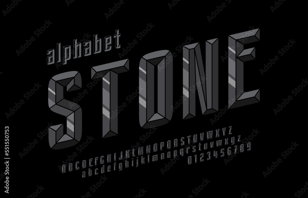 Graphite chisel style alphabet and font. Italic uppercase, lowercase