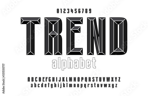 Monochrome chisel style alphabet and font. Uppercase, lowercase and numbers. Plain vector retro alphabet