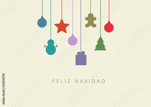Card with Christmas decorations. Feliz Navidad. Merry Christmas in Spanish. Vector illustration