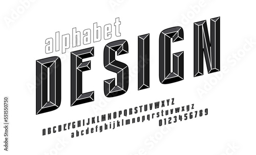 Monochrome chisel style alphabet and font. Italic uppercase, lowercase and numbers. Plain vector retro alphabet