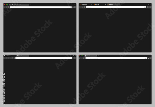 Web browser window mockup, black interface of internet page, vector template. Website screen or computer web browser tab frames with site search bar, webpage browser with www, address bar or toolbar