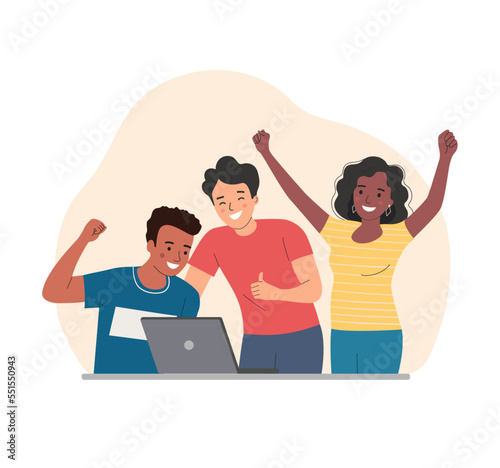 Group of people look at a laptop and rejoice at success. Vector flat style cartoon illustration