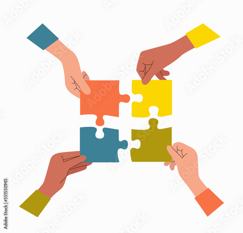 Different hands put together a puzzle. Flat style cartoon vector illustration.