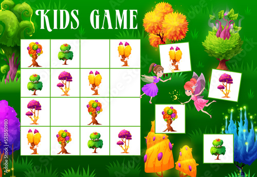 Sudoku kids game, fantasy magic trees and plants. Vector riddle, boardgame worksheet with cartoon fairy characters, mushrooms and alien flora on chequered board. Educational task, children crossword