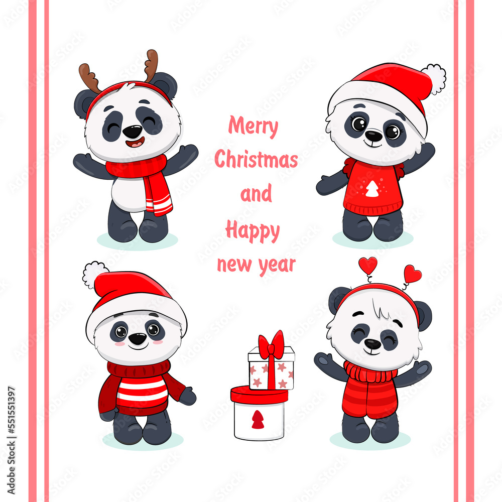 Cute cartoon panda Isolated on white. Christmas Illustration for design, banners, children's books and patterns. Cute cartoon panda Isolated on white. Christmas Illustration for design, banners, children's books and patterns.