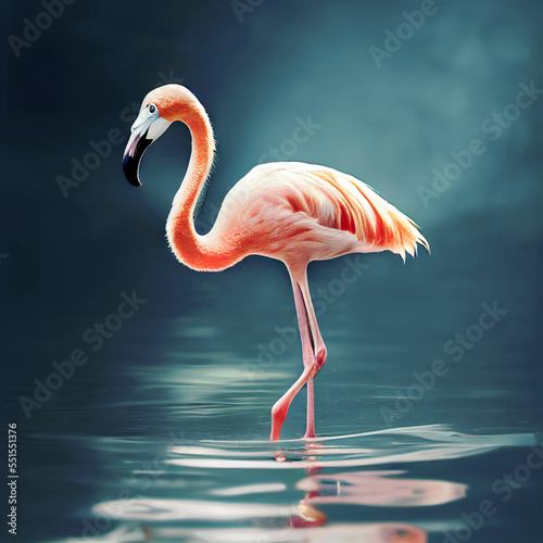 Beautiful pink flamingo posing on lake background