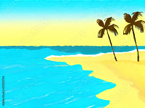 Fototapeta Naklejka Na Ścianę i Meble -  Digital art painting - sea and mountains tropical landscape. Simple forms illustration. Graphic drawing paradise resort in pastel colors.