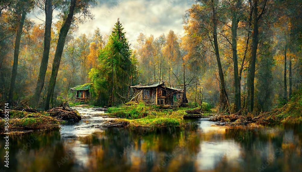 Old dilapidated house with lake, mountain landscape Old dilapidated house with lake, mountain landscape