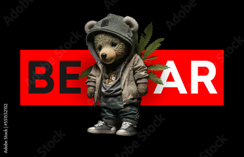 Plush cute bear doll in an embrace with a marijuana bush on a black background. Vector illustration