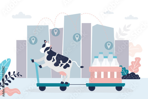 Funny cow rides on cart and delivers dairy products to consumers. Eco-friendly, organic products from the farm. Box with bottled milk. Cute farm animal. City view on background.