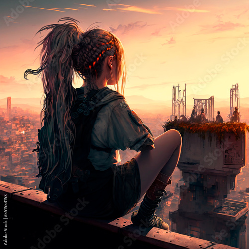 Foto a girl sits on a handrail with long pigtails, overlooking the city in cyberpunk
