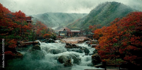 Natural hot spring bath surrounded by mountains, japanese onsen