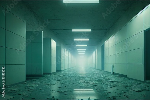 Long, empty hospital corridor, destroyed building after war