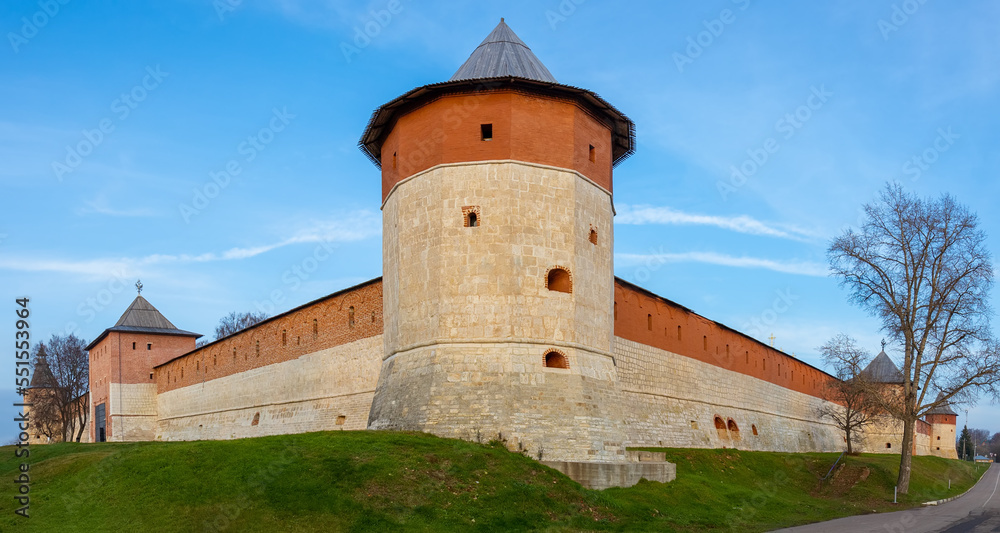 Panoramic view on Hiding-place Corner Tower of Zaraysk Kremlin at Zaraysk town in Moscow region. Cultural heritage of the Middle Ages 16th century