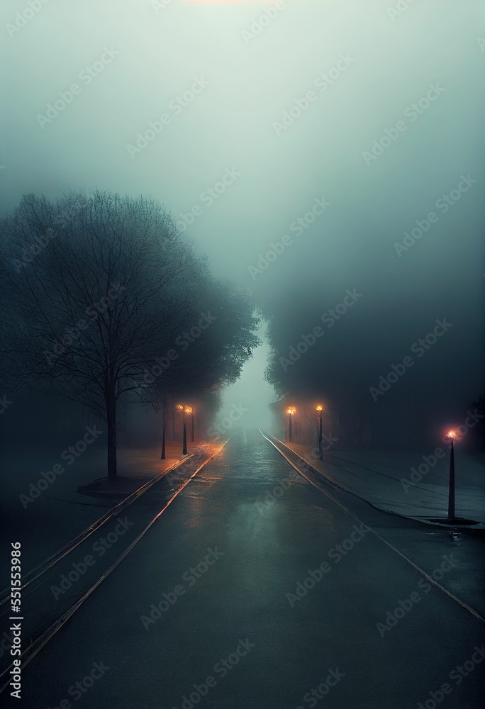 Night street with lamps and trees in the fog