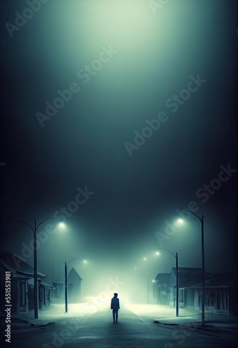 Woman walking alone in foggy city at night