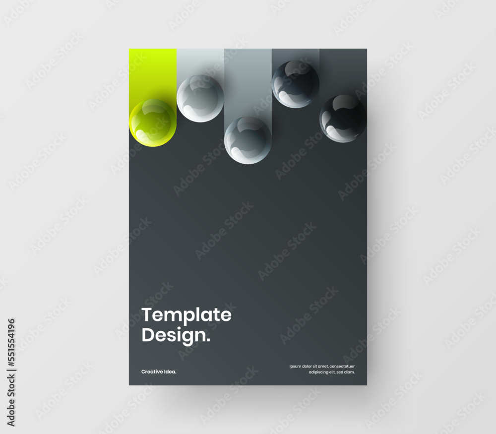 Colorful company brochure A4 vector design template. Simple 3D spheres poster illustration.