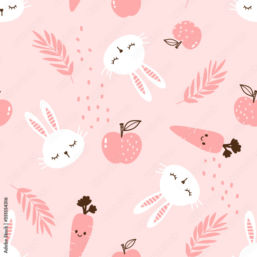 Seamless pattern with bunny rabbit cartoons, apple, branch and carrots on pink background vector. 