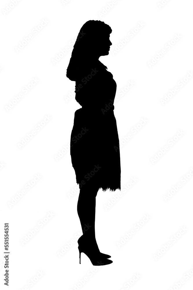 sideways of latin woman with dress and high heels on white background, hands on hip