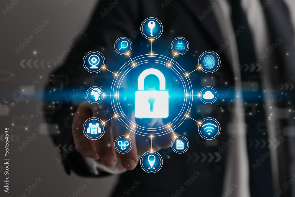 Businessman Hand and Finger Touching Screen and Blue Lock Security Sign Businessman Hand and Finger Touching Screen and Blue Lock Security Sign
