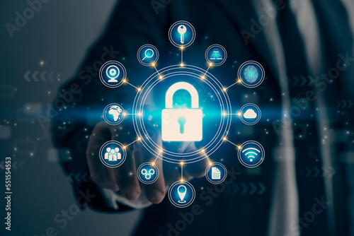 Businessman Hand and Finger Touching Screen and Blue Lock Security Sign in Vintage Tone