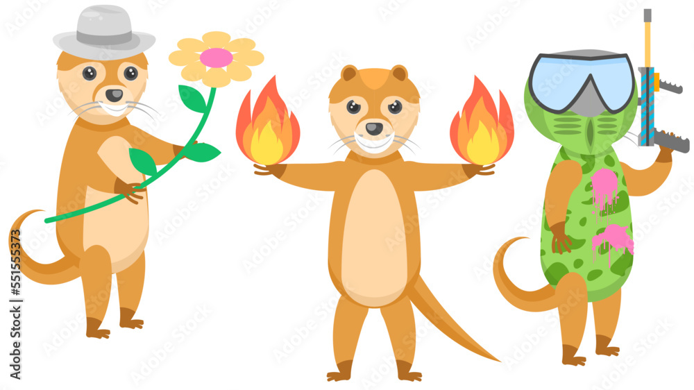 Obraz premium Set Abstract Collection Flat Cartoon Different Animal Otters With Flower And Hat, Playing Paintball, With Fire In Each Hand Vector Design Style Elements Fauna Wildlife