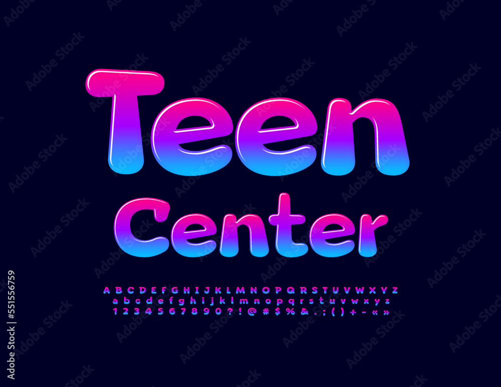 Vector modern sign Teen Center.  Colorful Glossy Font. Bright creative Alphabet Letters and Numbers.