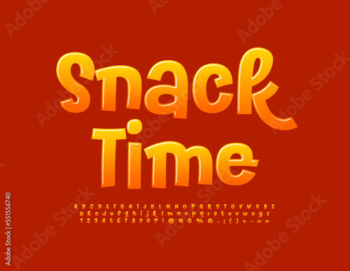 Vector playful logo Snack Time. Bright glossy Font. Creative Alphabet Letters and Numbers set