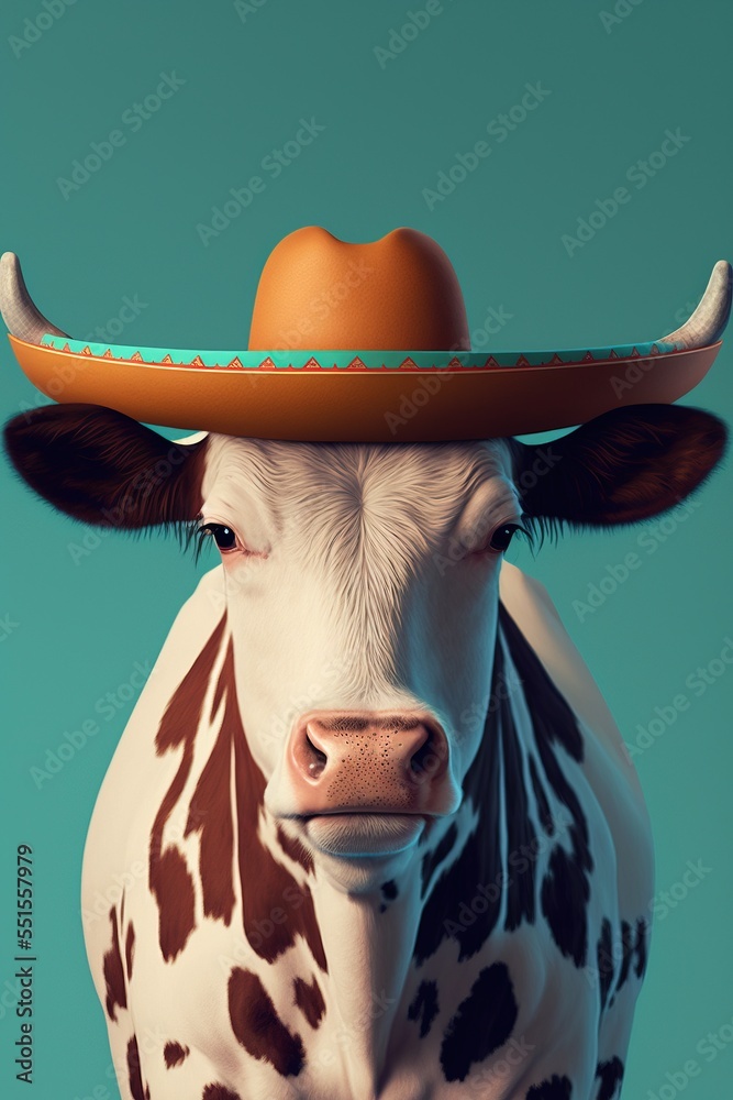 Cow wearing sombrero hat. funny. minimal. realistic. Stock