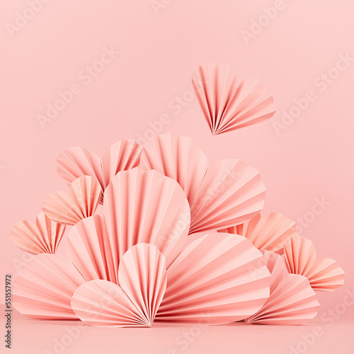 Gentle love Valentines day stage mockup - pink ribbed paper hearts fly as border on light pink backdrop  square. Romance template scene for advertising  presentation  design  card  poster  flyer.