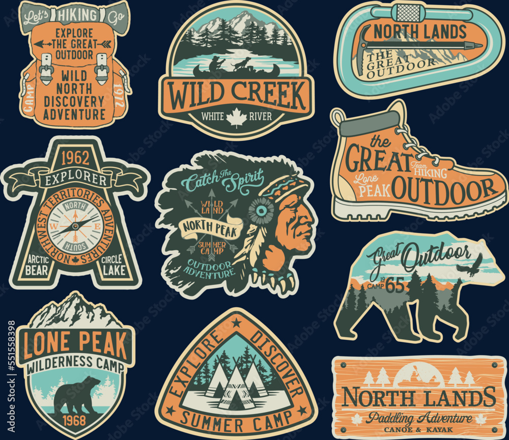Fototapeta premium Wild north the great outdoor adventure patches collection vector print or embroidery for boy kid wear shirt