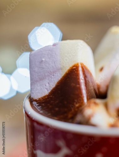 Vertical closeup of the marshmallow in a cup of hot chocolate photo