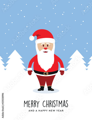 christmas greeting card with santa claus on winter landscape