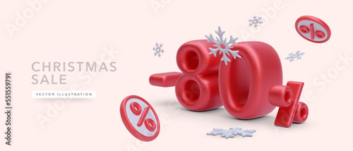 New year discount merry Christmas sale 80 off red numbers, with Christmas decorations on red background. Vector illustration