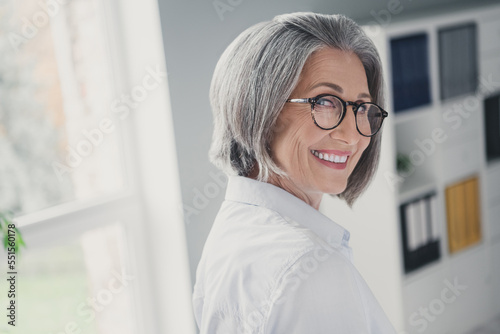 Profile portrait of cheerful friendly aged lady toothy beaming smile spacious bright modern office inside